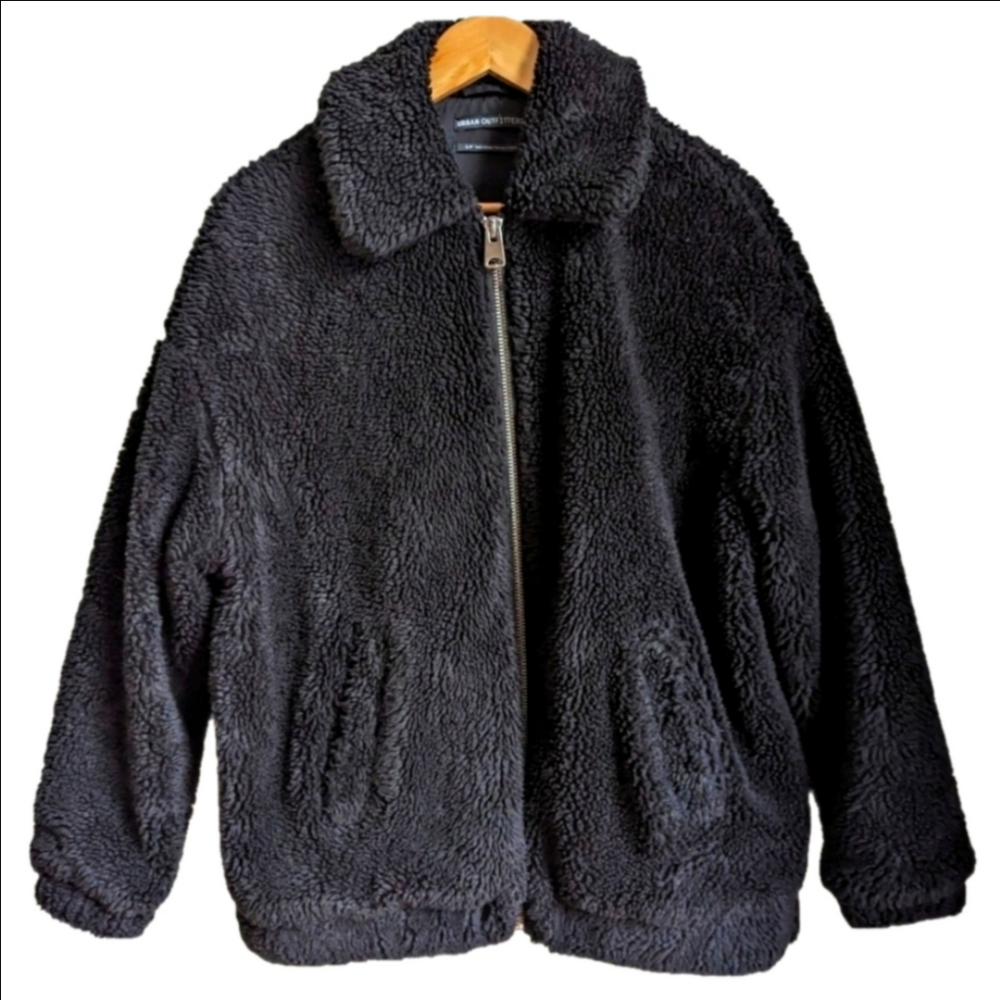 Urban OUTFITTERS Black Zip Front Oversized Cotton Teddy Bomber Jacket Size Small
